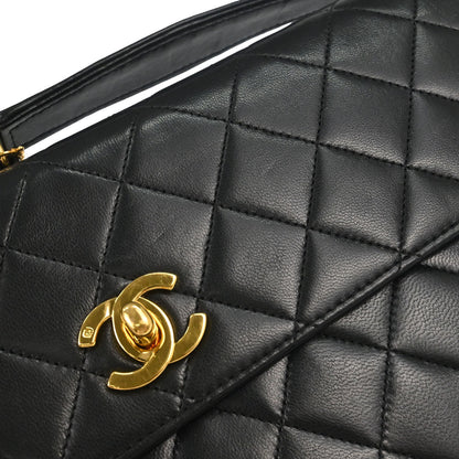 Chanel 1989-1991 Black Lambskin Double Turnlock 2way Shoulder Handbag