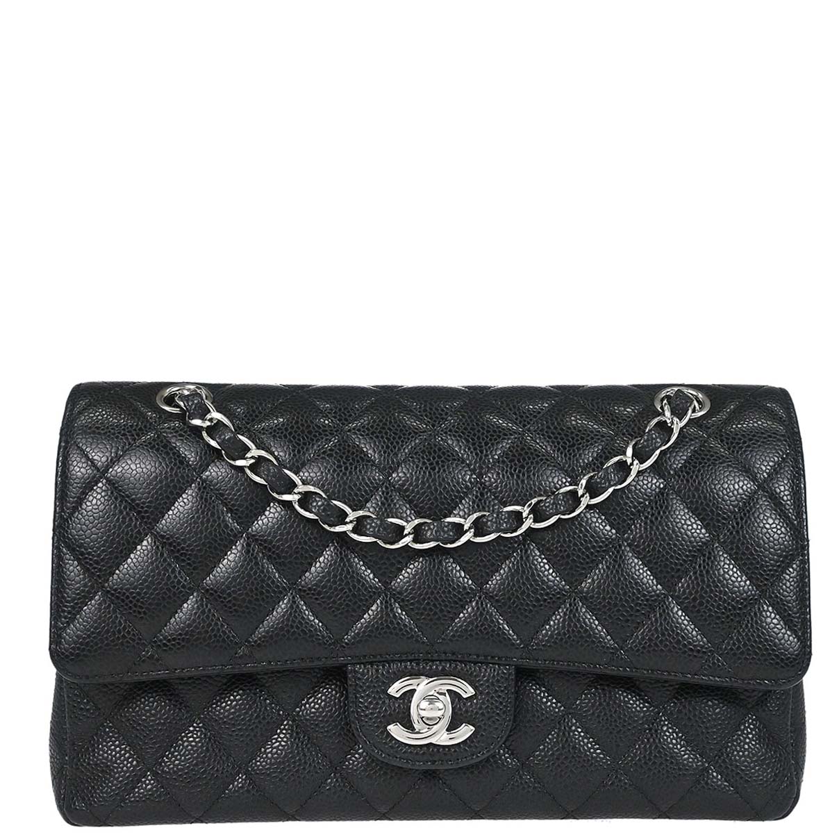 Chanel 2017-2018 Black Caviar Skin Medium Classic Double Flap Shoulder Bag