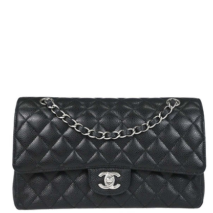 Chanel 2017-2018 Black Caviar Skin Medium Classic Double Flap Shoulder Bag