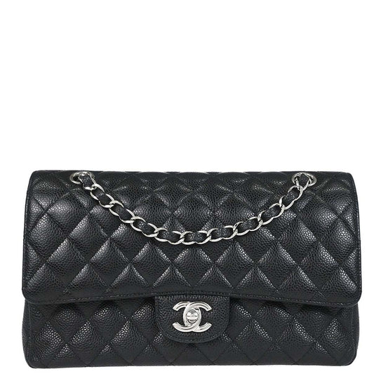 Chanel 2017-2018 Black Caviar Skin Medium Classic Double Flap Shoulder Bag