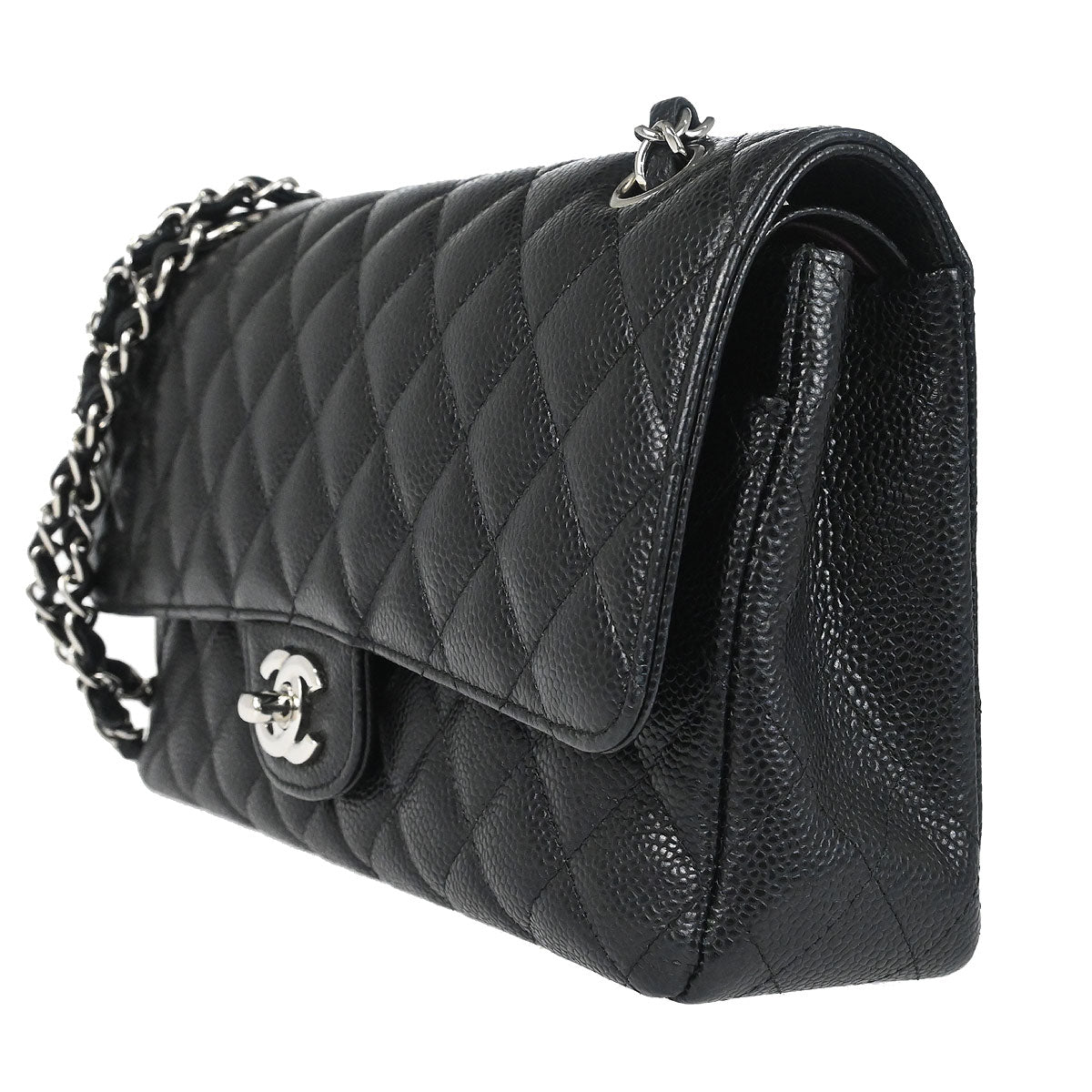 Chanel 2017-2018 Black Caviar Skin Medium Classic Double Flap Shoulder Bag