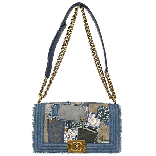 Boy Chanel 2014-2015 Blue Denim Patchwork Medium Chain Shoulder Bag