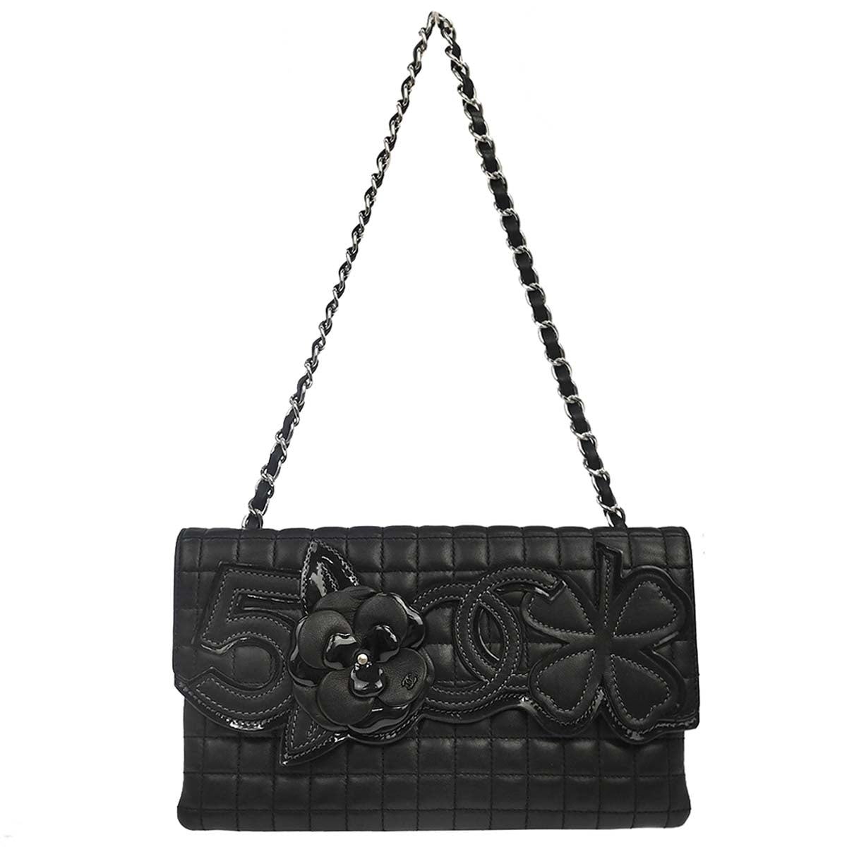 Chanel 2005-2006 Black Lambskin Choco Bar Camellia No.5 CC Clover Handbag