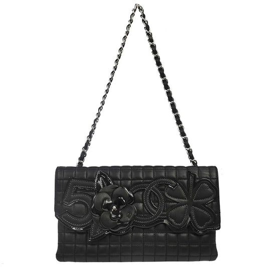 Chanel 2005-2006 Black Lambskin Choco Bar Camellia No.5 CC Clover Handbag