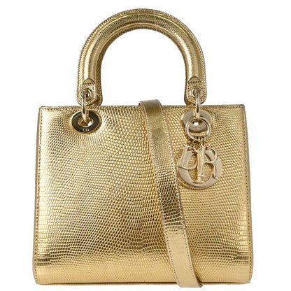 Christian Dior * Gold Lizard Lady Dior Cannage 2way Shoulder Handbag