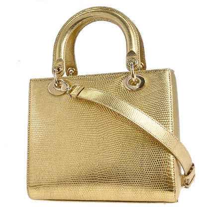 Christian Dior * Gold Lizard Lady Dior Cannage 2way Shoulder Handbag