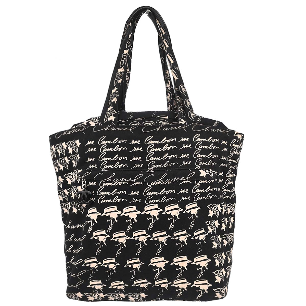 Chanel 2005-2006 Black Canvas Mademoiselle Camellia Drawstring Bucket Tote Handbag