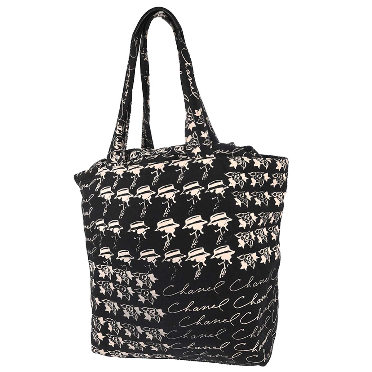 Chanel 2005-2006 Black Canvas Mademoiselle Camellia Drawstring Bucket Tote Handbag