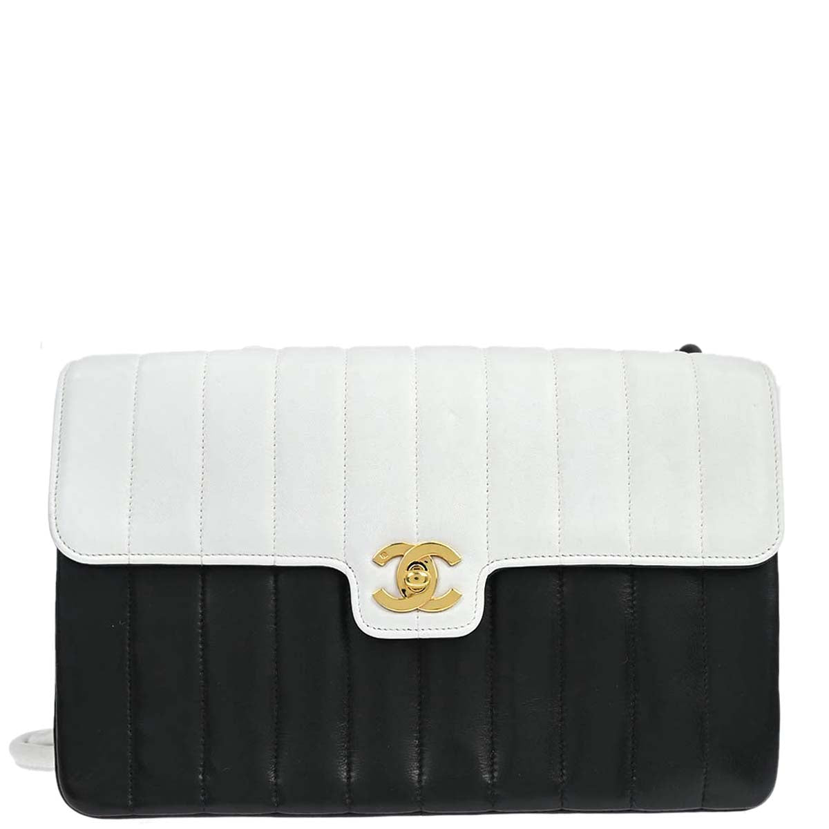 Chanel 1991-1994 Black White Lambskin Bicolor Flap Mademoiselle Shoulder Bag