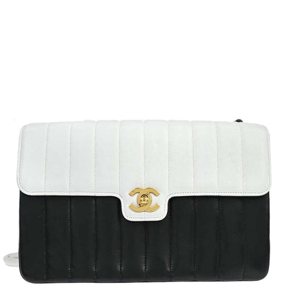 Chanel 1991-1994 Black White Lambskin Bicolor Flap Mademoiselle Shoulder Bag