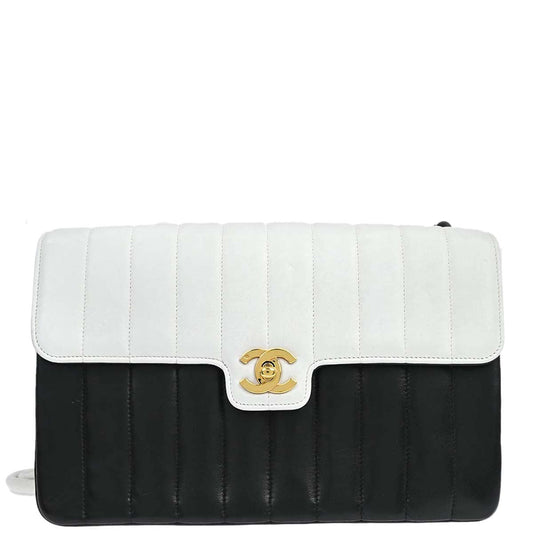 Chanel 1991-1994 Black White Lambskin Bicolor Flap Mademoiselle Shoulder Bag