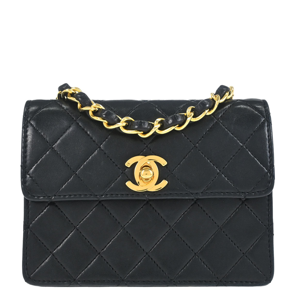 Chanel 1989-1991 Black Lambskin Straight Flap Shoulder Bag