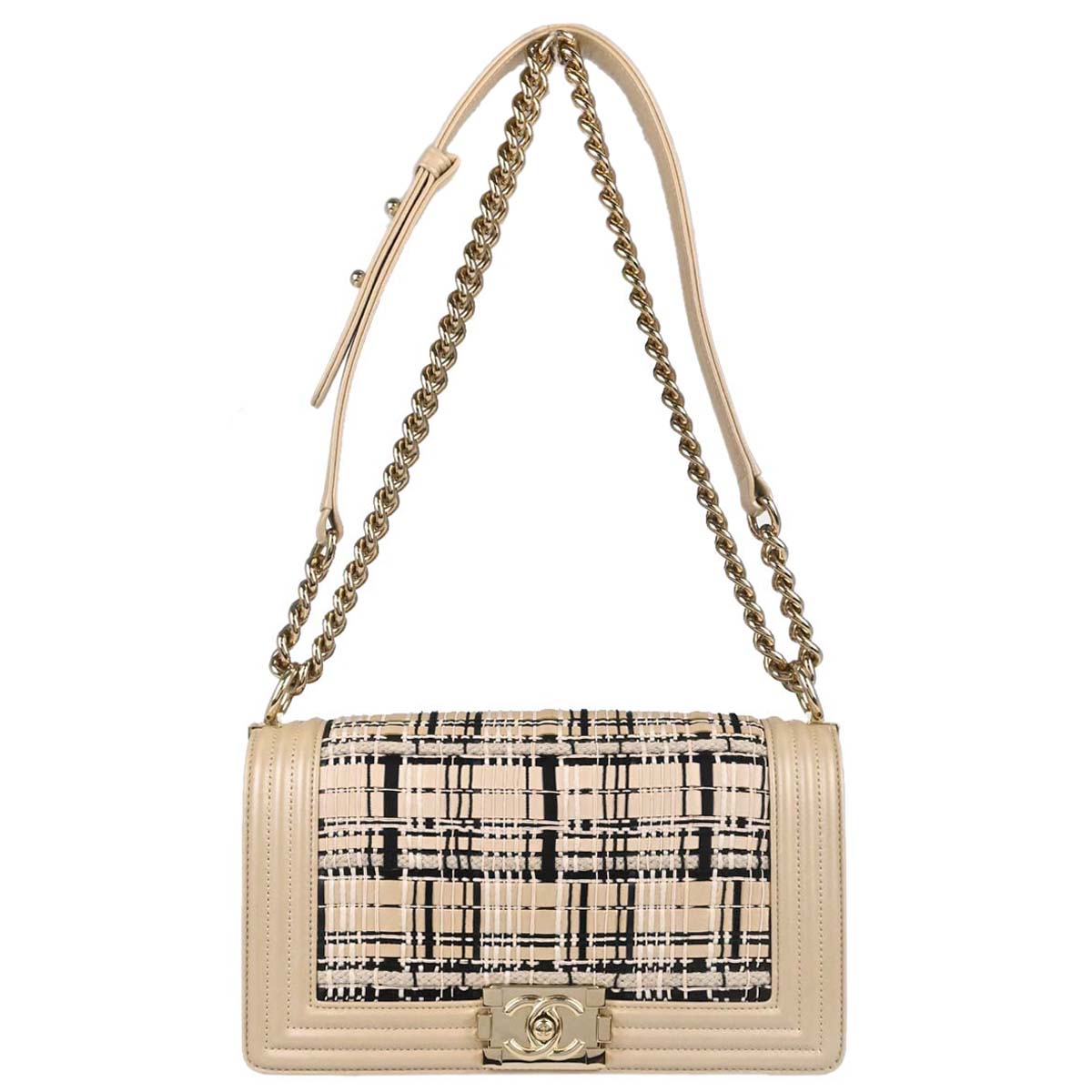 Boy Chanel 2019 Beige Tweed Lambskin Medium Double Chain Shoulder Bag