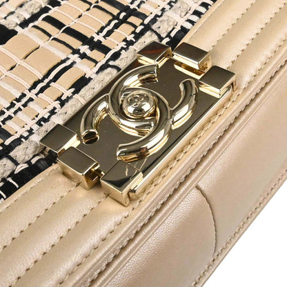 Boy Chanel 2019 Beige Tweed Lambskin Medium Double Chain Shoulder Bag