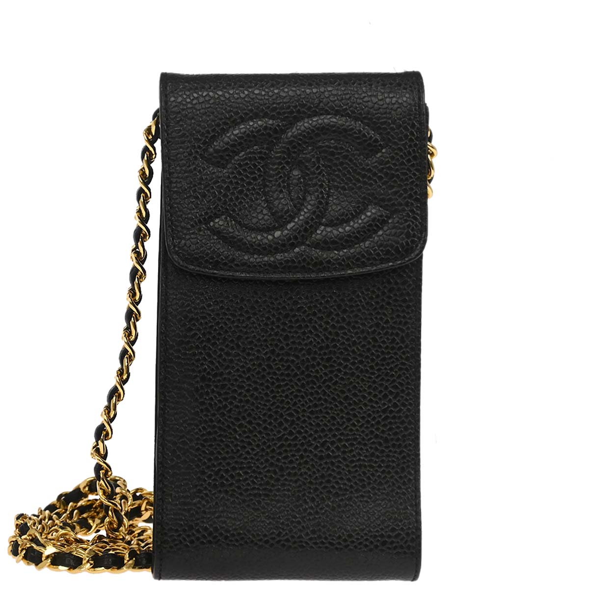 Chanel 1996-1997 Black Caviar Skin Chain Shoulder Bag Pochette Phone Case