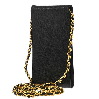 Chanel 1996-1997 Black Caviar Skin Chain Shoulder Bag Pochette Phone Case