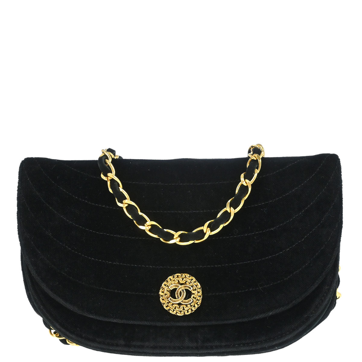 Chanel 1986-1988 Black Velvet Half Moon Flap Shoulder Bag