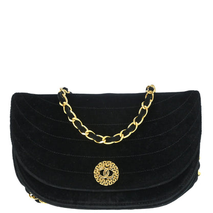 Chanel 1986-1988 Black Velvet Half Moon Flap Shoulder Bag
