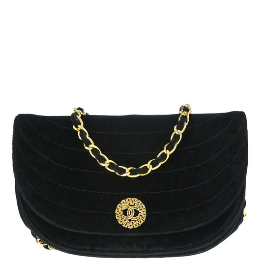 Chanel 1986-1988 Black Velvet Half Moon Flap Shoulder Bag