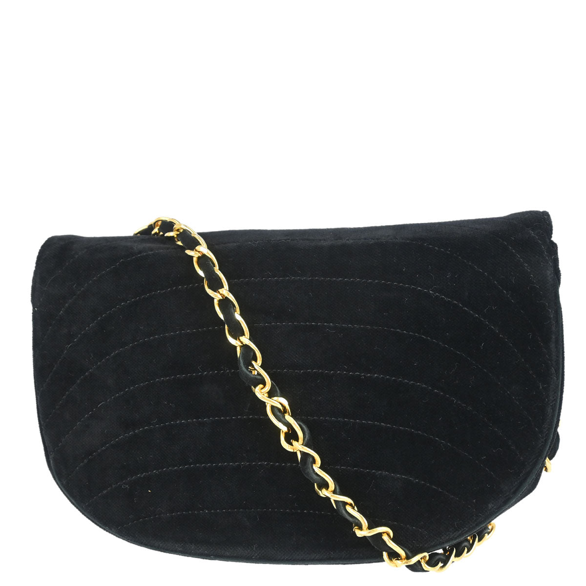 Chanel 1986-1988 Black Velvet Half Moon Flap Shoulder Bag