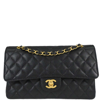 Chanel 1997-1999 Black Caviar Skin Medium Classic Double Flap Shoulder Bag