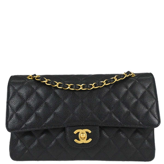 Chanel 1997-1999 Black Caviar Skin Medium Classic Double Flap Shoulder Bag