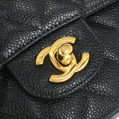 Chanel 1997-1999 Black Caviar Skin Medium Classic Double Flap Shoulder Bag