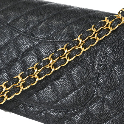 Chanel 1997-1999 Black Caviar Skin Medium Classic Double Flap Shoulder Bag