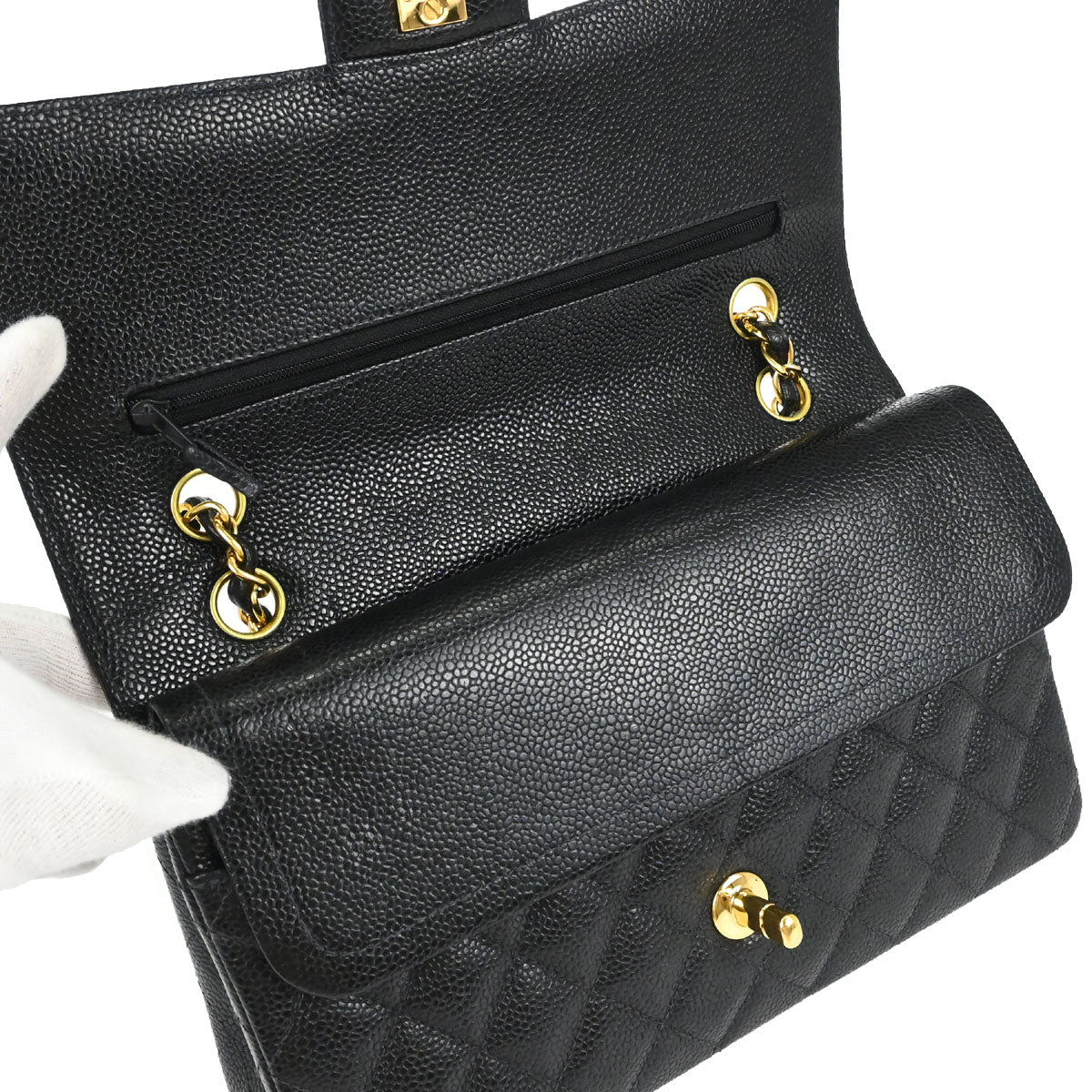 Chanel 1997-1999 Black Caviar Skin Medium Classic Double Flap Shoulder Bag