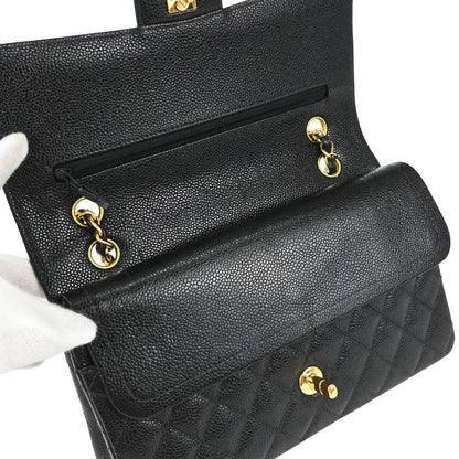 Chanel 1997-1999 Black Caviar Skin Medium Classic Double Flap Shoulder Bag