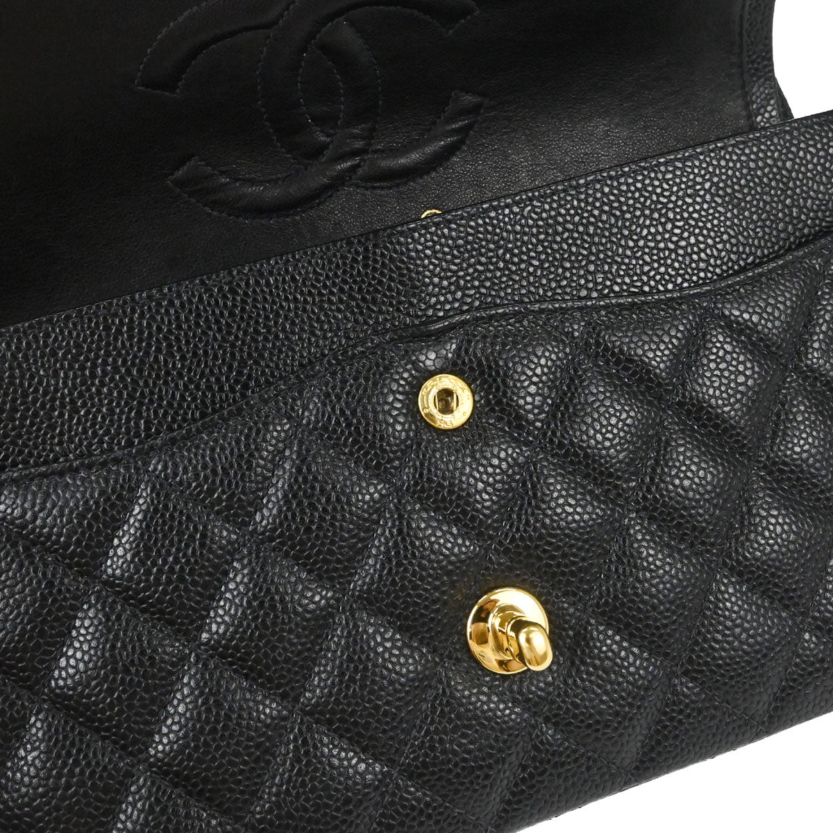 Chanel 1997-1999 Black Caviar Skin Medium Classic Double Flap Shoulder Bag