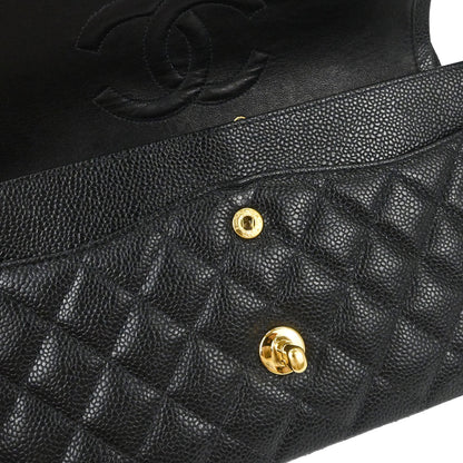 Chanel 1997-1999 Black Caviar Skin Medium Classic Double Flap Shoulder Bag