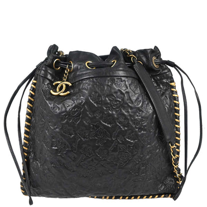 Chanel Black Embossed Calfskin Icon Drawstring Bucket Shoulder Bag