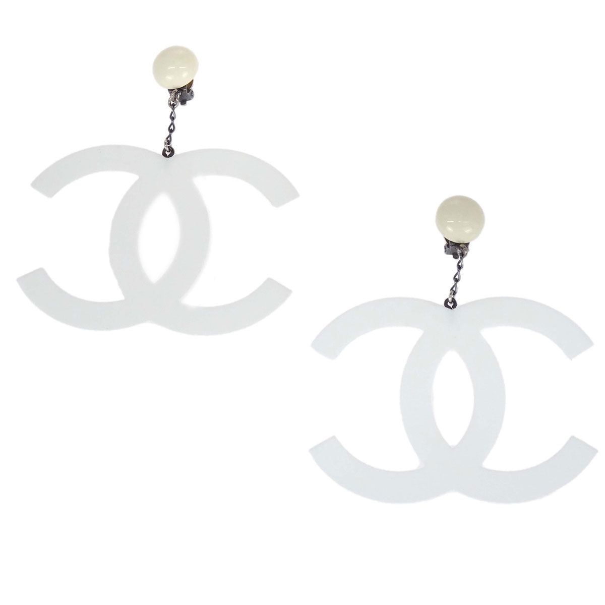 Chanel Dangle CC Clip-On Earrings White Acrylic 96P