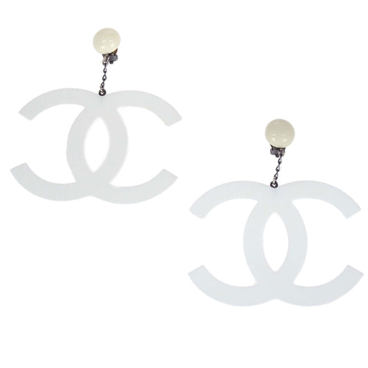 Chanel Dangle CC Clip-On Earrings White Acrylic 96P