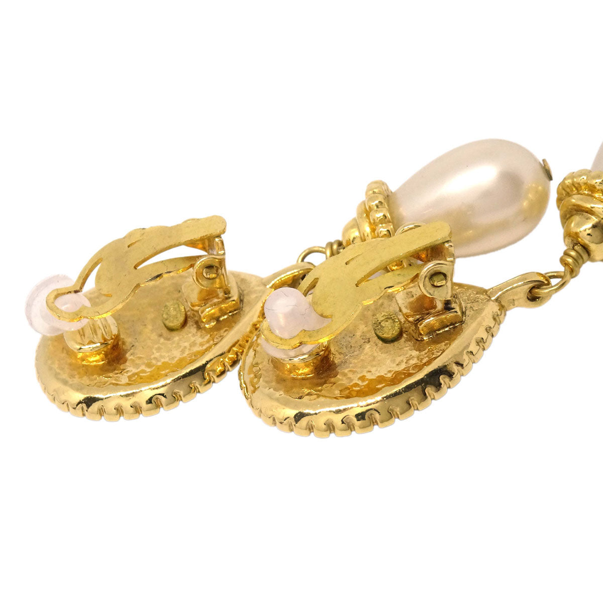 Chanel CC Logos Teardrop Costume Pearl Dangle Clip-On Earrings 96A