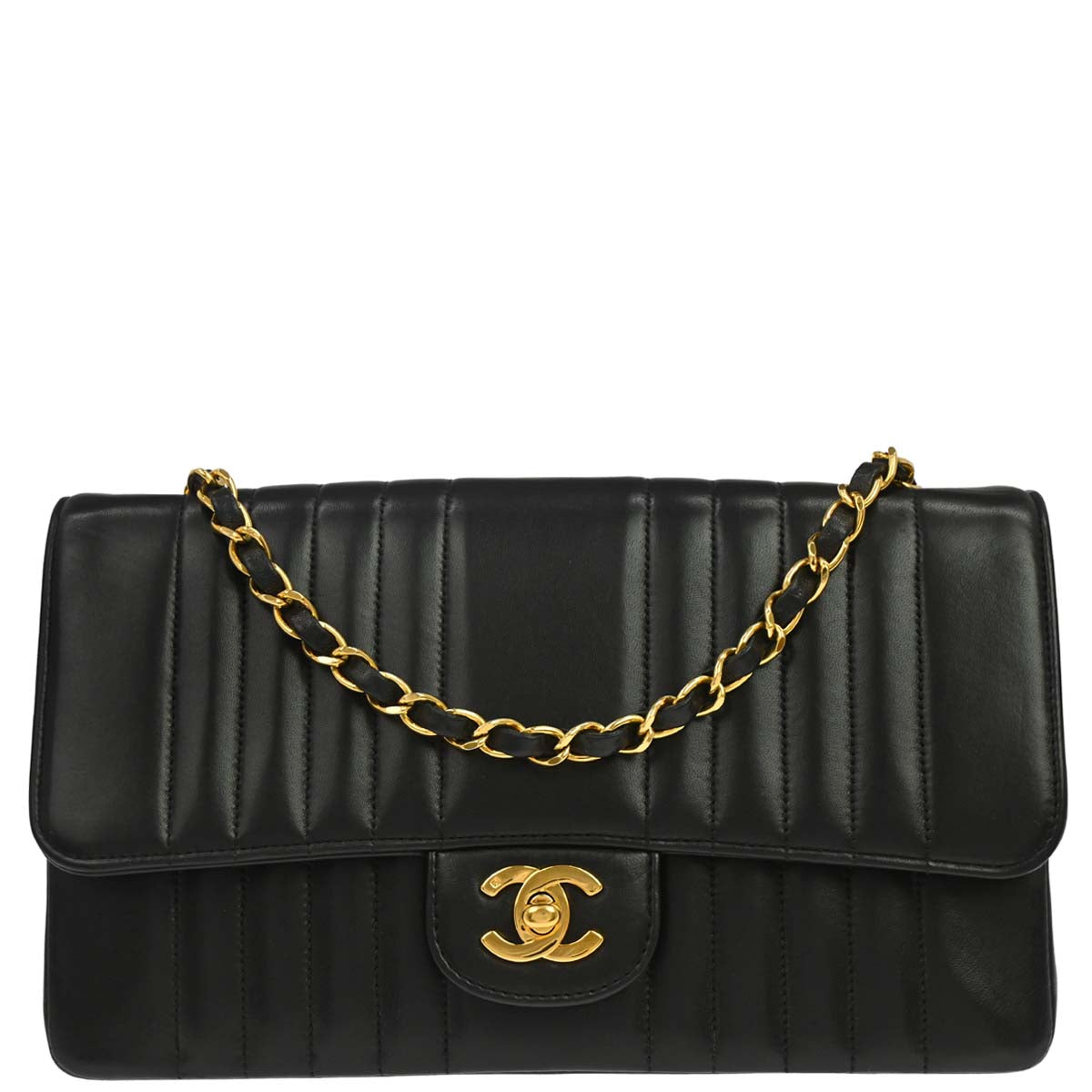 Chanel 1991-1994 Black Lambskin Mademoiselle Single Flap Shoulder Bag