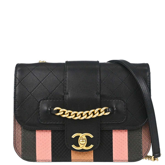 Chanel * 2018 Black Calfskin Python Front Chain Flap Bag Shoulder Bag