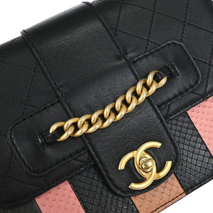 Chanel * 2018 Black Calfskin Python Front Chain Flap Bag Shoulder Bag