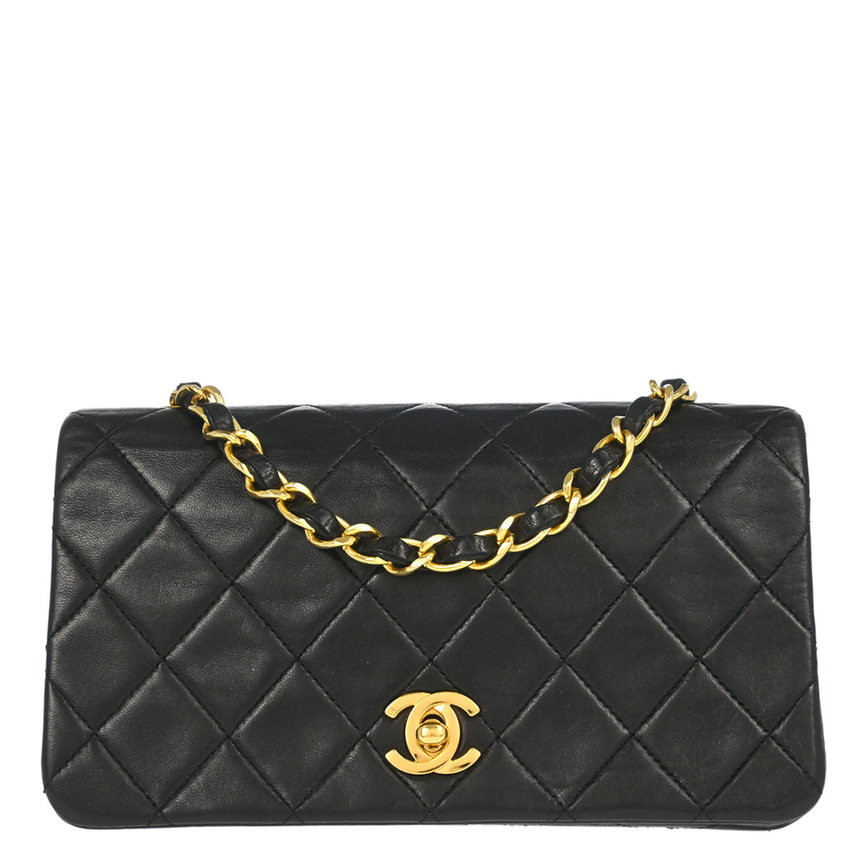 Chanel 1989-1991 Black Lambskin Turnlock Mini Full Flap Shoulder Bag