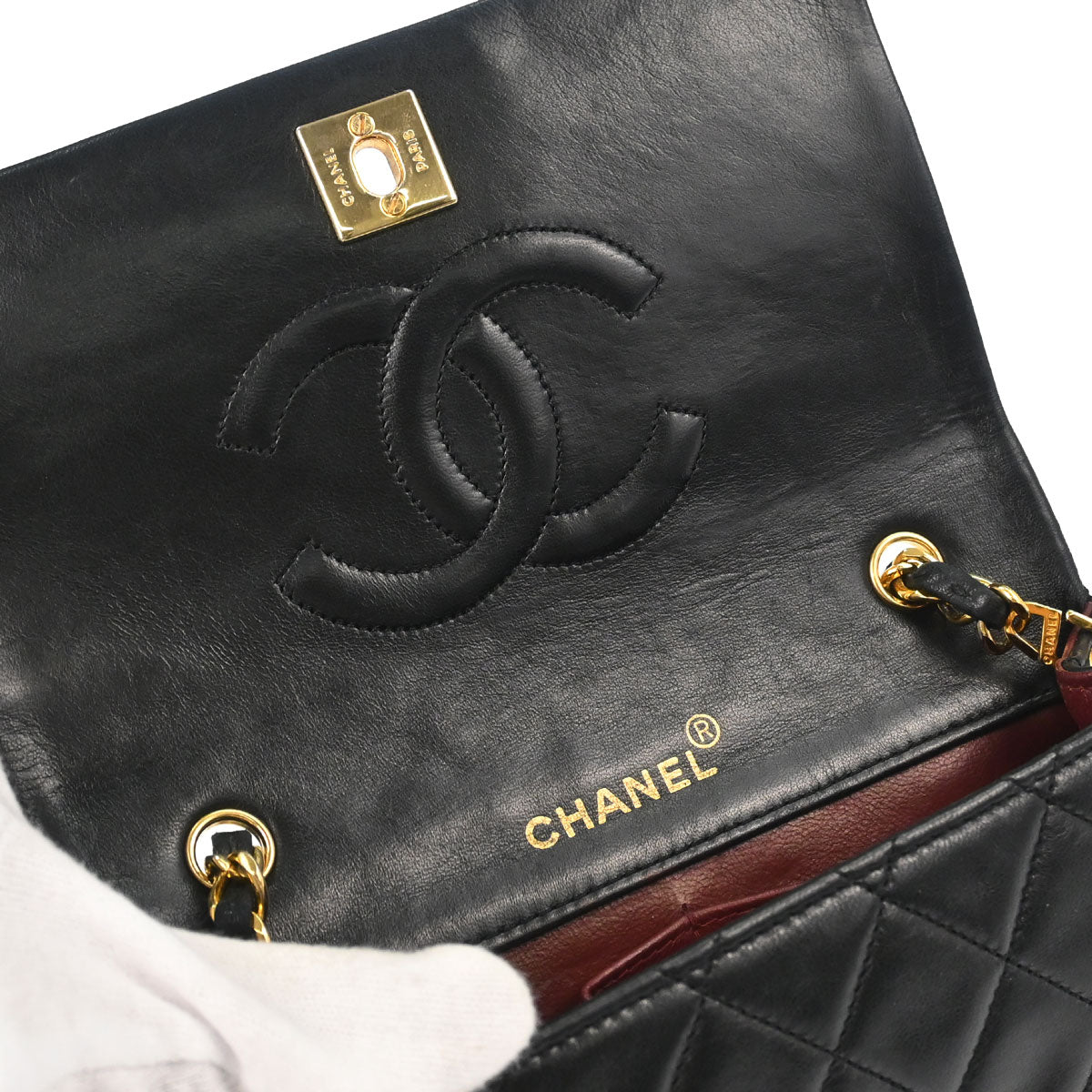Chanel 1989-1991 Black Lambskin Turnlock Mini Full Flap Shoulder Bag