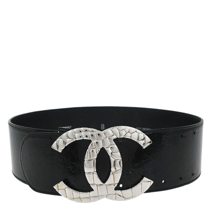 Chanel CC Belt Black Silver Patent Leather #75/30 Small Good
