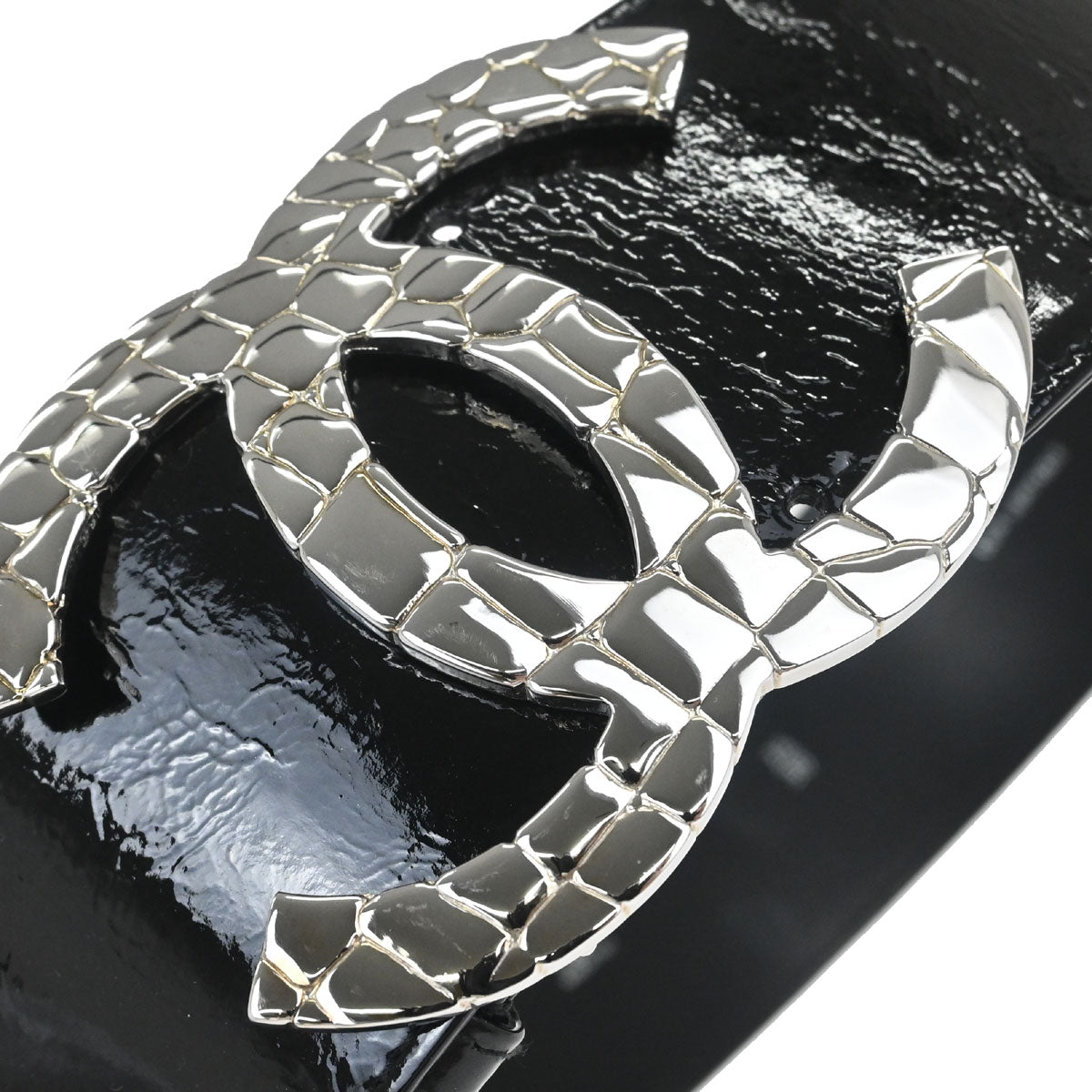 Chanel CC Belt Black Silver Patent Leather #75/30 Small Good