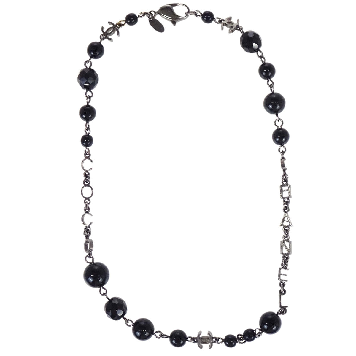Chanel Black Beads Chain Necklace Silver 08A