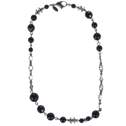 Chanel Black Beads Chain Necklace Silver 08A