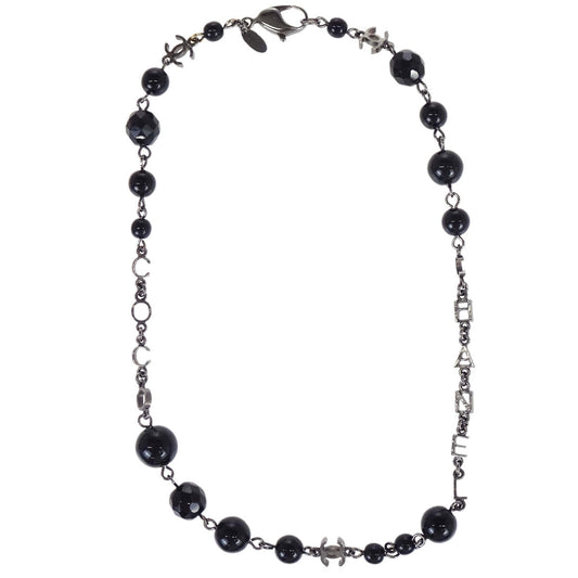 Chanel Black Beads Chain Necklace Silver 08A