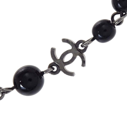 Chanel Black Beads Chain Necklace Silver 08A