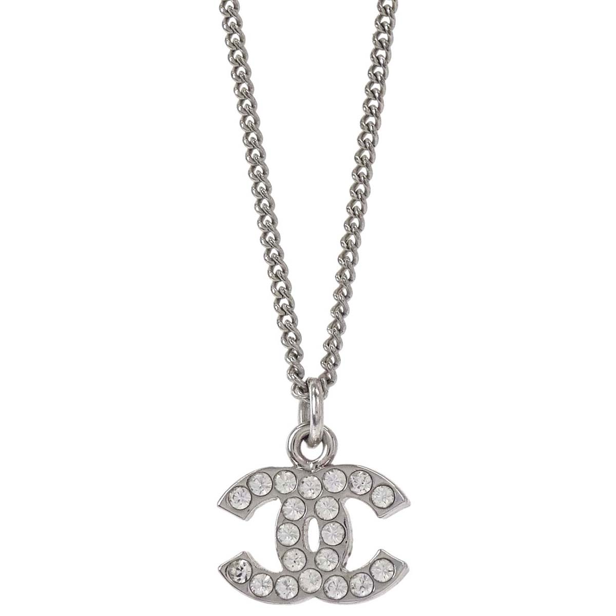 Chanel CC Chain Necklace Pendant Silver Rhinestone 05V