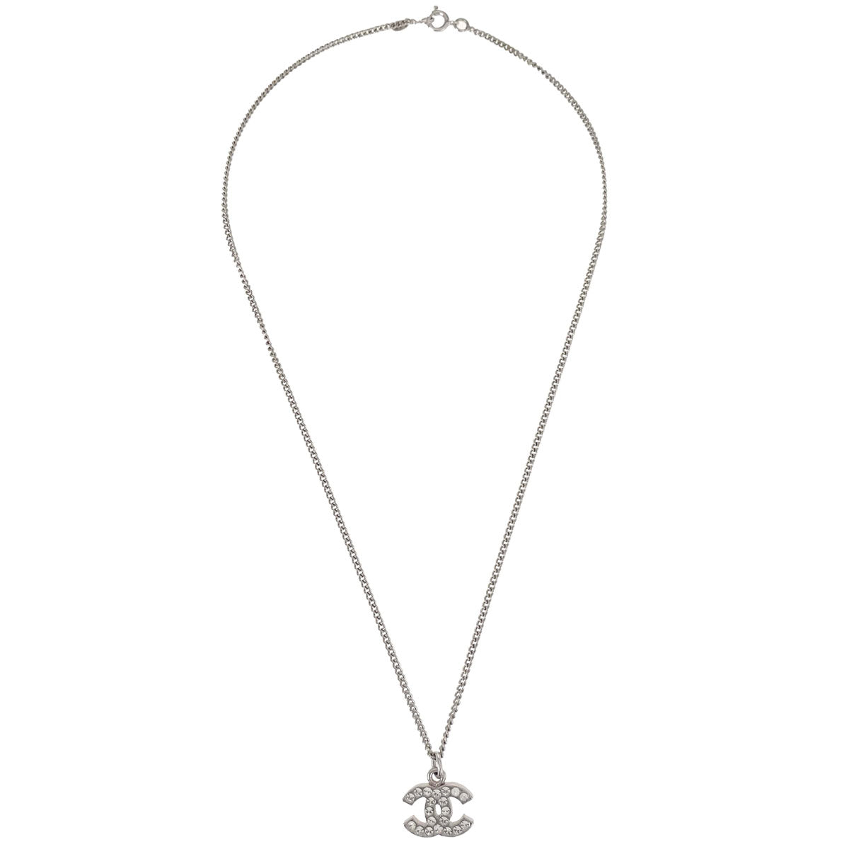 Chanel CC Chain Necklace Pendant Silver Rhinestone 05V