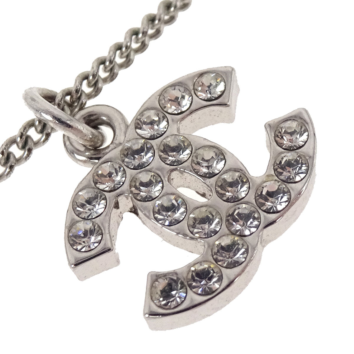 Chanel CC Chain Necklace Pendant Silver Rhinestone 05V